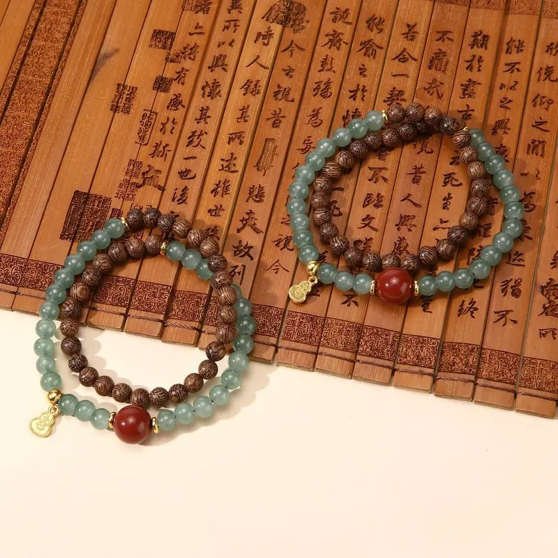 Imitation , new Chinese style, mountain half water agarwood fortune charm, double-loop beaded bracelet for