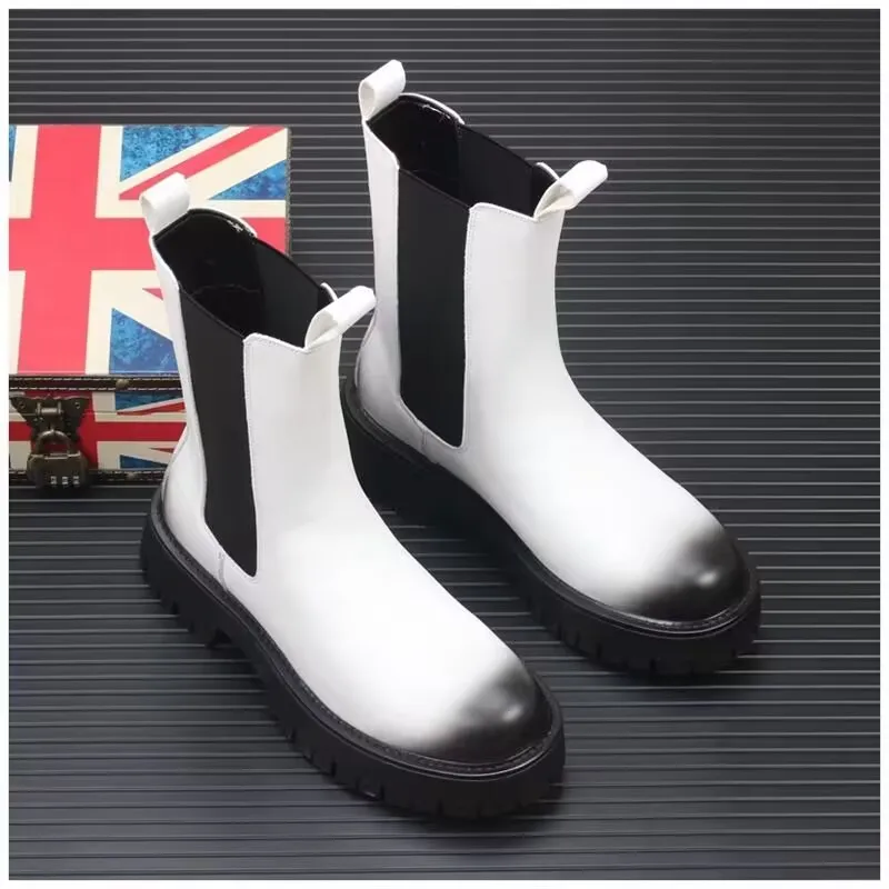 men luxury fashion high chelsea boots black white original leather shoes stage nightclub dress long chimney boot platform botas