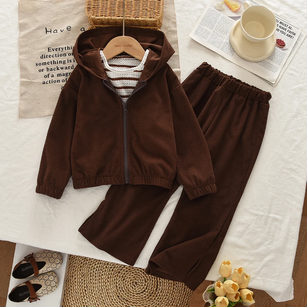Children's Three Piece Set Fashionable Outdoor Girls' Clothes Spring and Autumn New Long Sleeved Jacket + Striped Vest + Pants