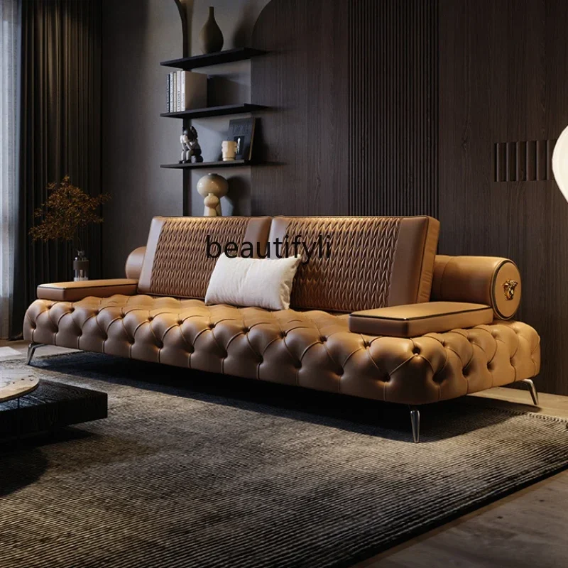 

YH Italian-Style Light Luxury Leather Sofa First Layer Cowhide Straight Row Sofa Four-Seat HY