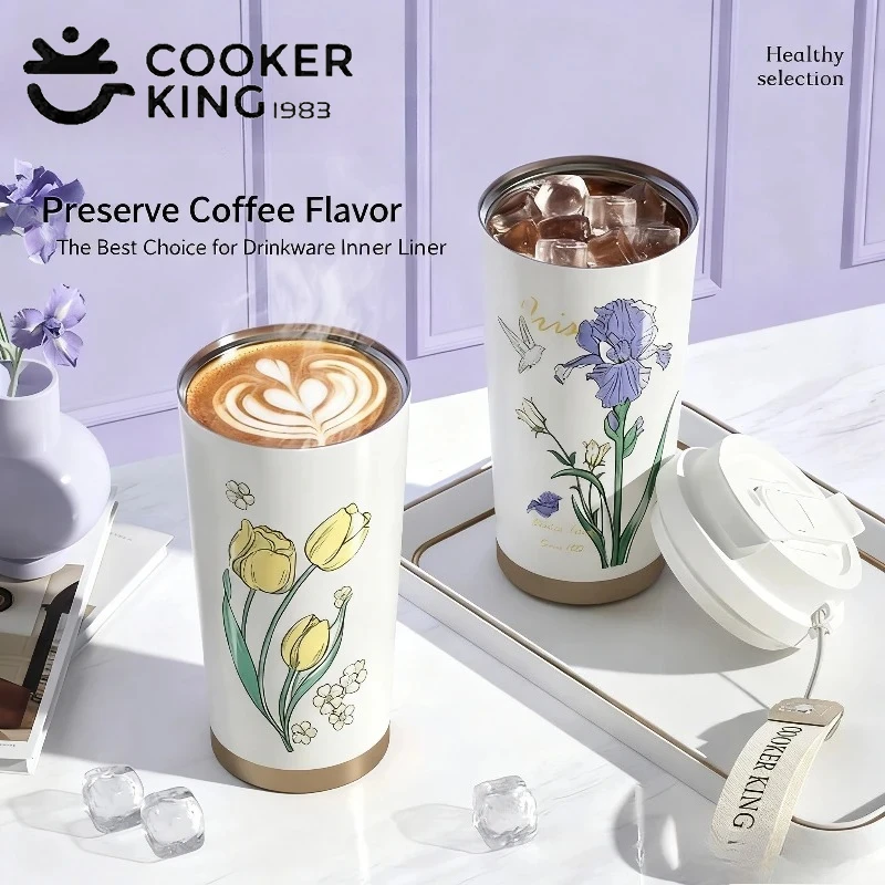 COOKER KinG 520 ml Thermobecher 316 Edelstahl Kaffeetasse Tragbare isolierte Wasserflasche Blumenserie Strohbecher Mädchen Geschenke