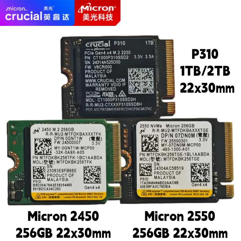 

SSD Crucial P310 1 ТБ 2 ТБ и Micron 2450/2550 256 ГБ M.2 2230 NVMe PCIe 4.0x4, совместимый с Steam Deck ASUS ROG Ally MSI Claw
