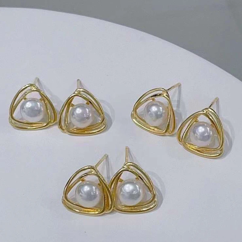 SGARIT S925 Silver Gold Fashion Geometric Triangle Earrings Natural Freshwater White Round Pearl Earring for Girl Vacation Gift