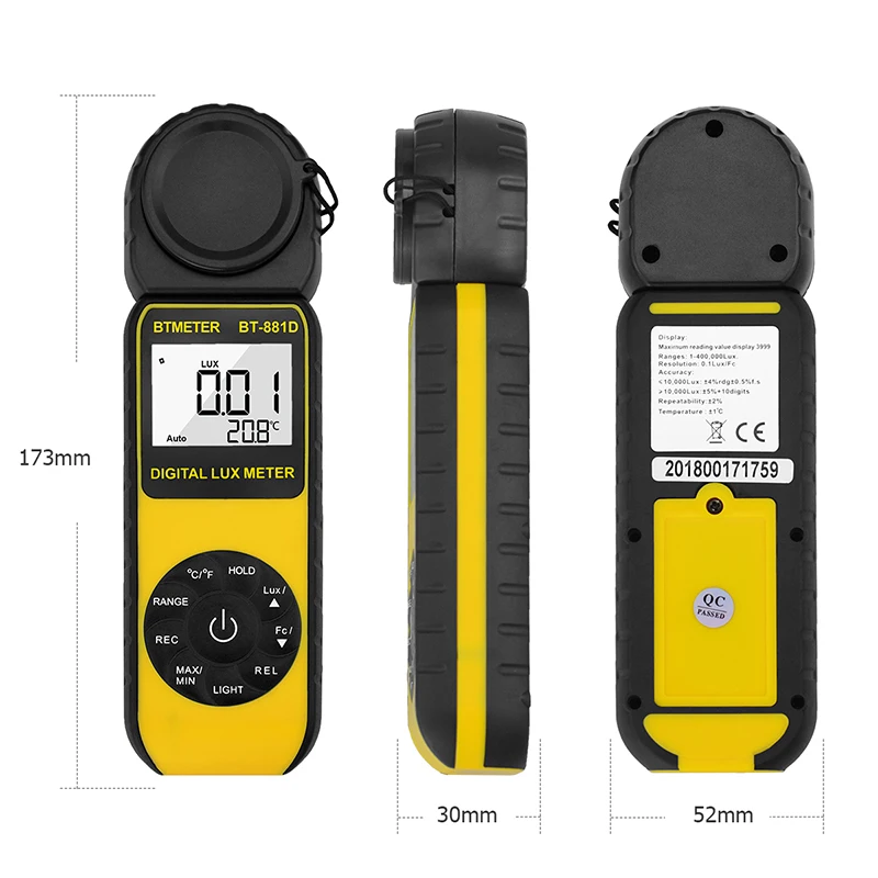 BTMETER BT-881D Digital Illuminance Handheld Light Meter 0.1~400,000 Lux 270º Rotated Sensor for Plants LED Lights Light Tester