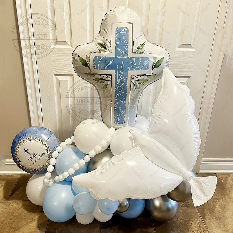 36Pcs Baby Taufe Ballon Kreuz Bad Und Frieden Taube Form Folie Ballon Kommunion Taufe Globos Set Party Dekoration kuchen Toppe