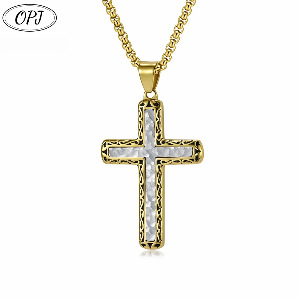 Men's Stainless Steel Hammered Texture Cross Pendant Necklace Hip-Hop Style Delicate Carvings Christian Accessory Anniversaries
