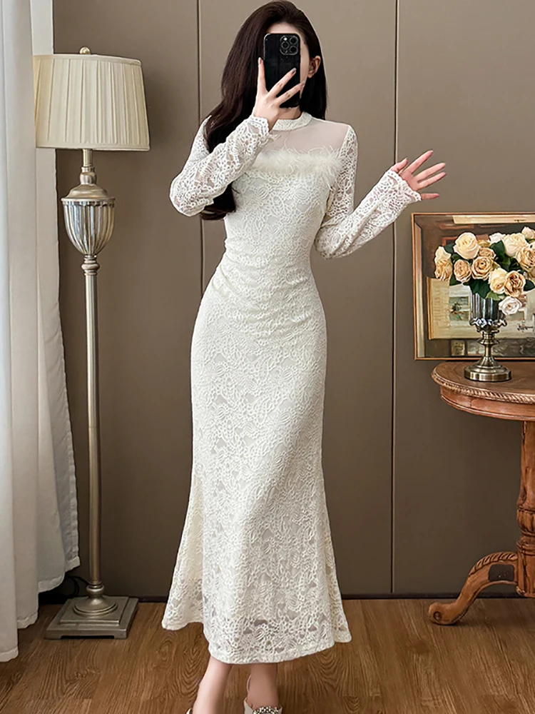 2025 Zwart Kant Patchwork Mesh Sheer Sexy Lange Jurk Vrouwen Elegante Luxe Verstoorde Prom Jurk Herfst Winter Koreaanse Bodycon Jurk