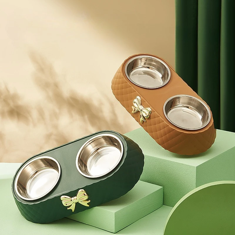 

Bow Pet Bowl, Dog Food Set, Stainless Steel Double Bowl, Anti-knock and Anti-slip, Light Luxury Style Dog Feeder