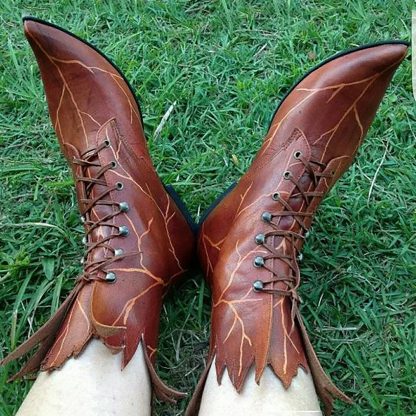 Women Fairy Cosplay Retro Shoes Faux Leather Poulaine Medieval Costume Prop Gothic Elf Witch Boots Tree Spirit Leaf Boots