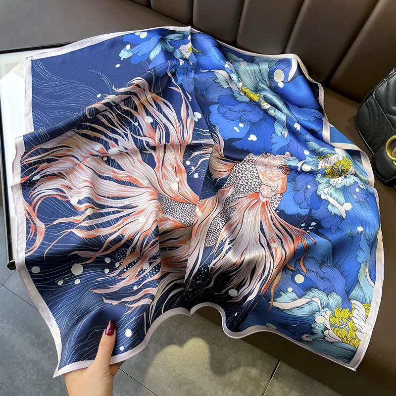 

Luxury Brand Green Yellow Blue Print 100% Silk Scarf Women Neckerchief Necktie Women Square Head Scarves Hijab for Hair Wrapping