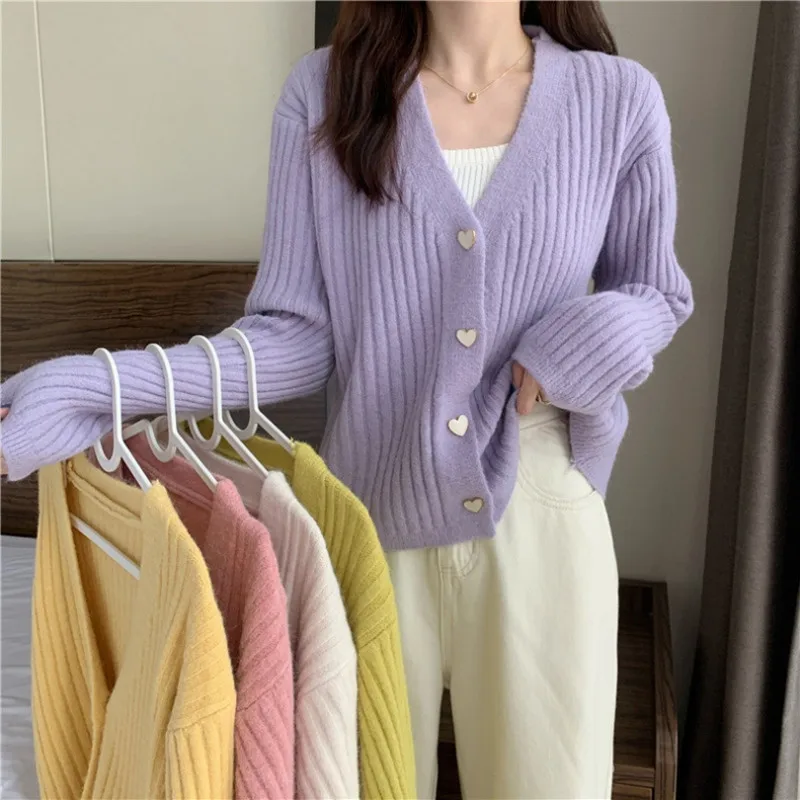 Women Autumn Simplicity Fashion Knitting Solid Color Cardigan V-neck Long Sleeve Knitwear Ladies Casual Appear Thin Trend Tops