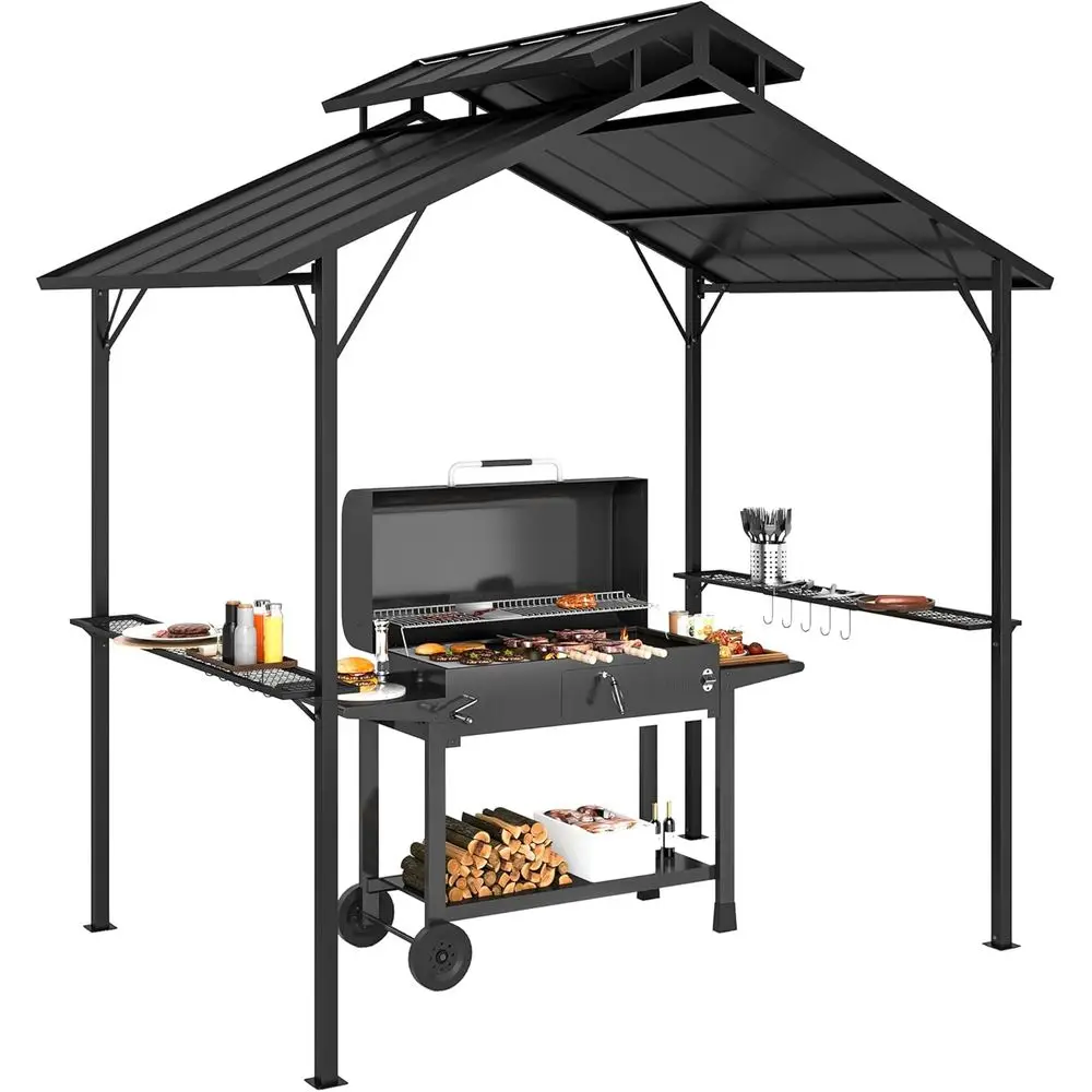 

Уличная беседка-гриль с жесткой крышей, двойной кровлей, 2 боковыми полками и 10 крючками для патио и террасы