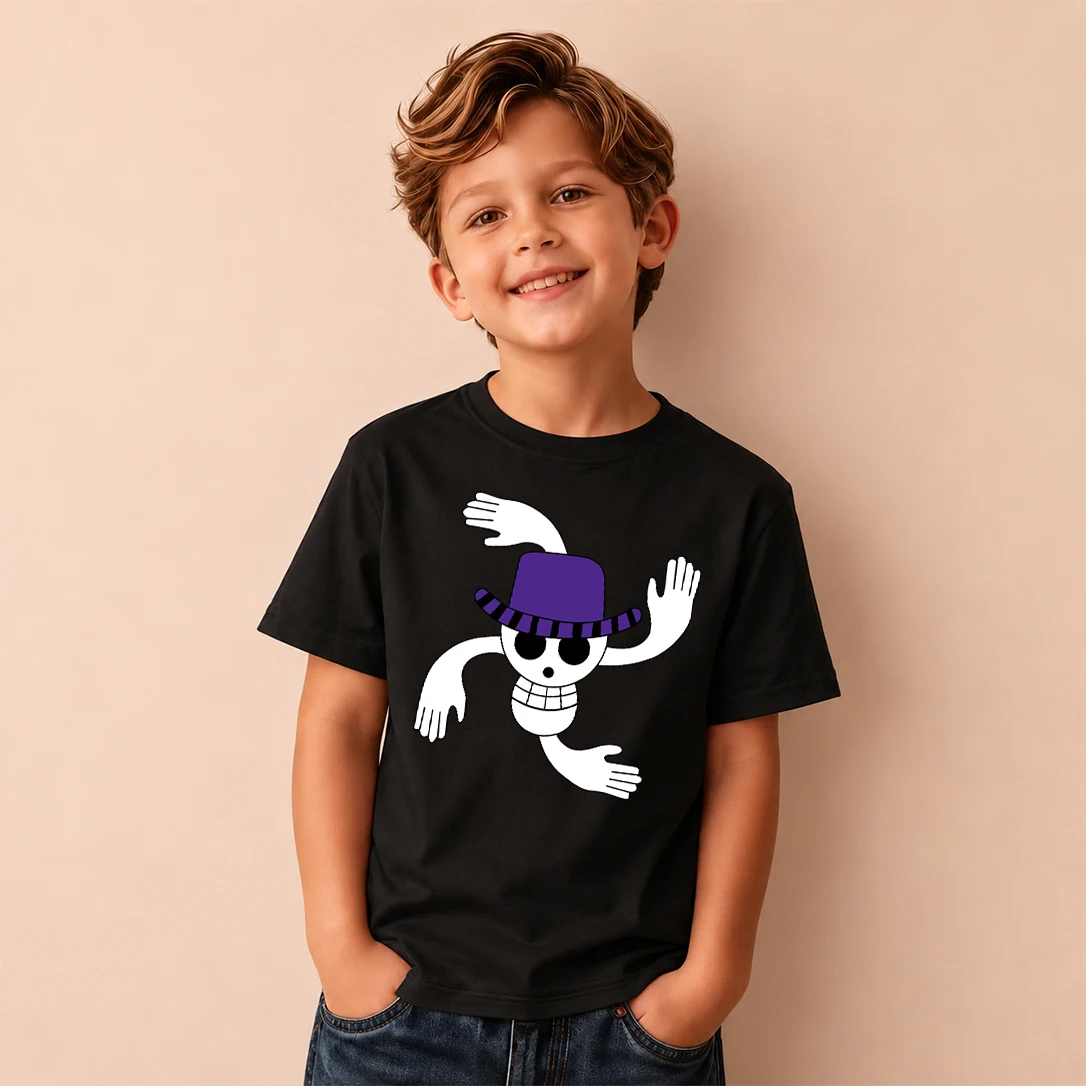 Kids T‑Shirt One Piece Nico Robin Multi‑Hands Pirate Skull Print Short Sleeve Casual Tops Boys Girls Anime Children Daily Tees