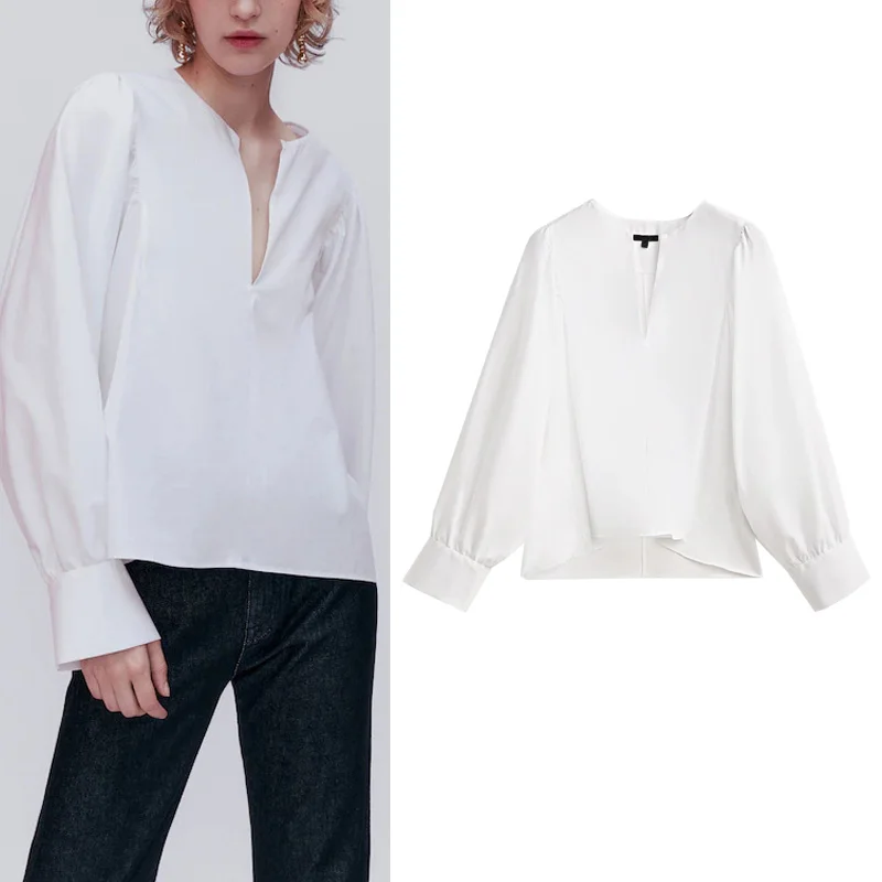Loose Long Sleeve V-Neck White Shantung Shirt Women's Business Casual Pure Color Button Detail Polyester Fiber 25-29 Years Old
