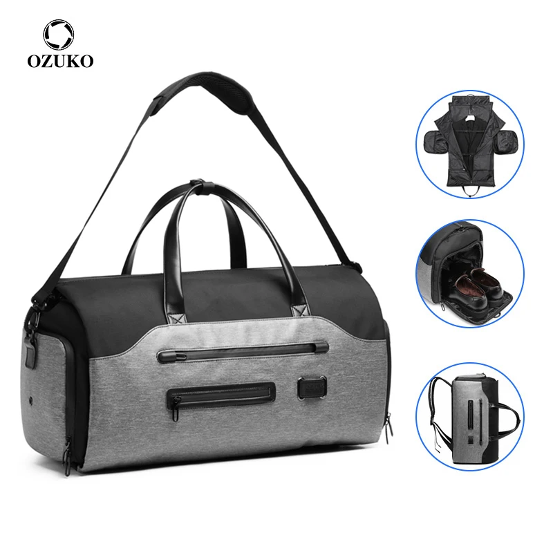 OZUKO-Bolso de viaje multifunción para hombre, bolsa de lona de gran capacidad con bolsillo para zapatos, impermeable