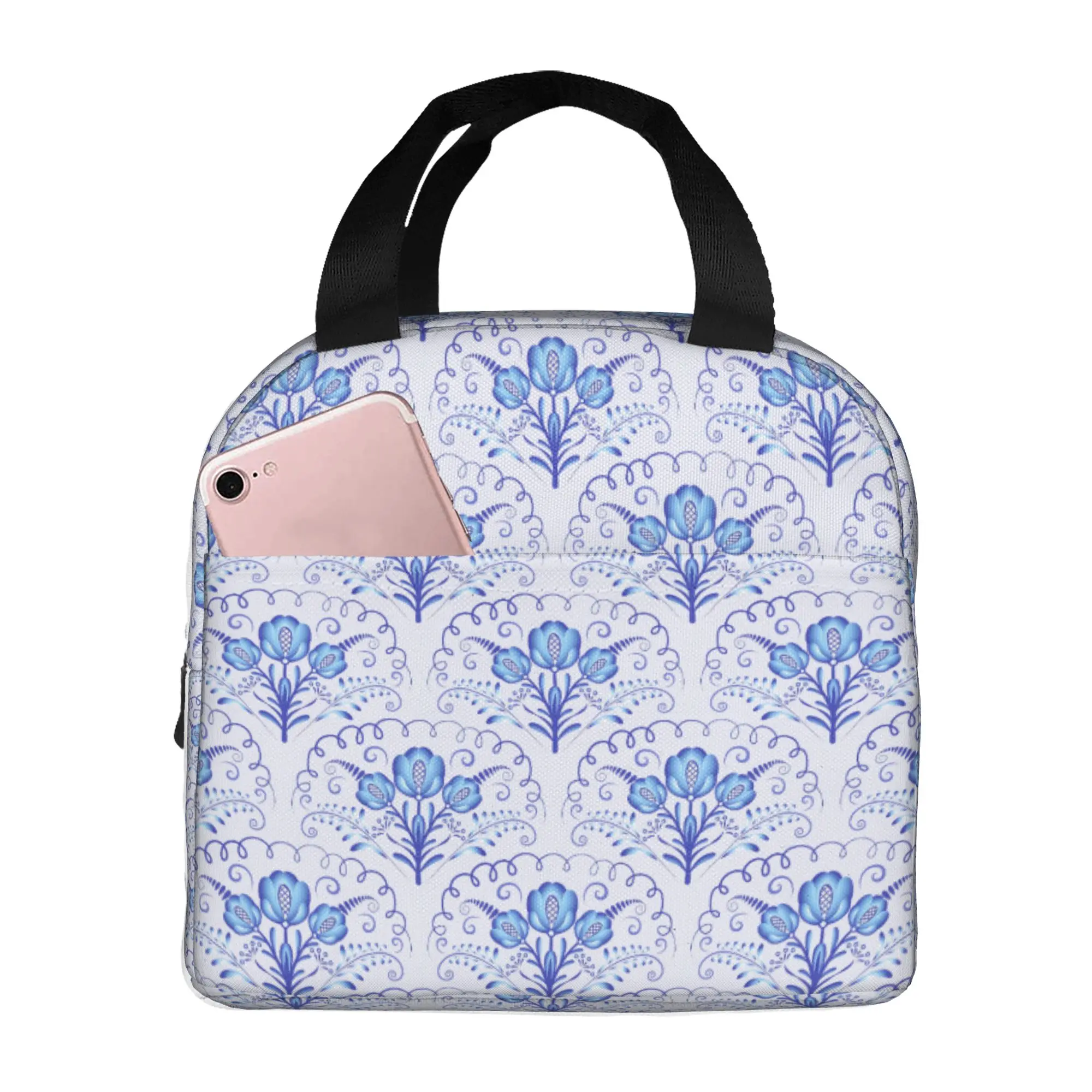 Nordic Scandinavian Style Florals Insulated Lunch Bag for Work School Folk Art Resuable Cooler Thermal Lunch Box Women Men