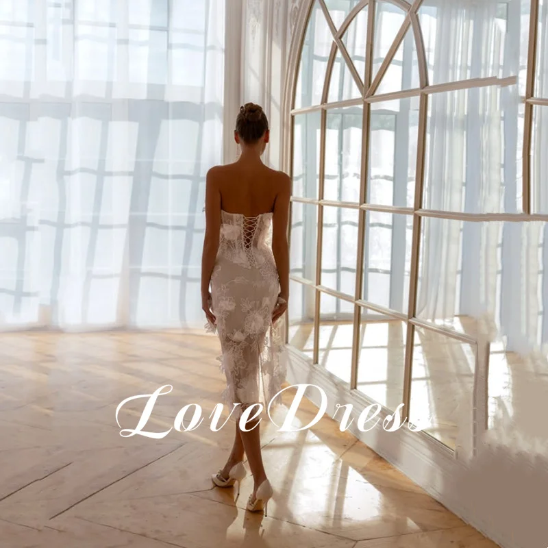 Modern Lace Appliques Mermaid Wedding Dresses Sexy Sleeveless Backless Illusion Strapless Knee-Length Bridal Gown Customized