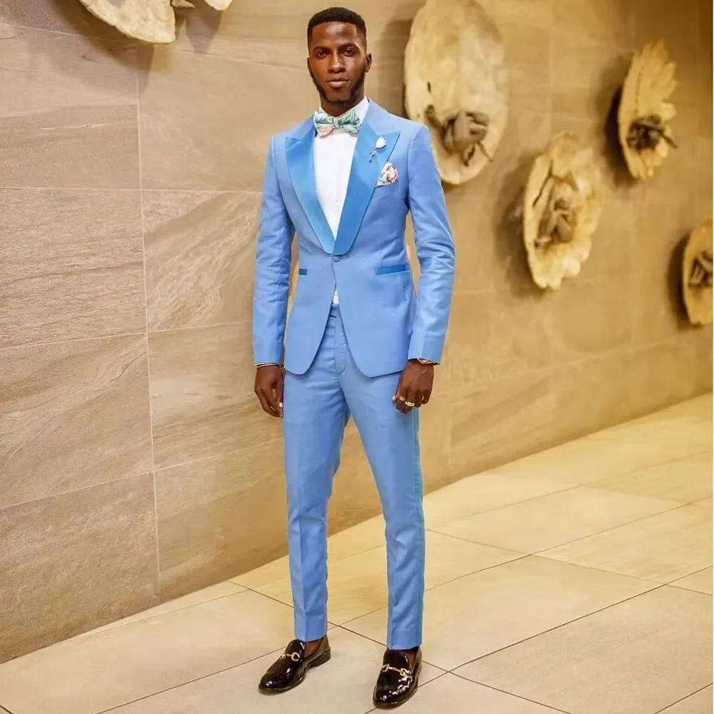Wedding Men's Suits Blue Single Breasted Peak Lapel One Button Slim Fit Elegant Groom Outfits Set 2 Piece Jacket Pants Set