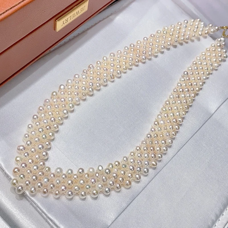 

SGARIT Natural Freshwater 4 Rows Princess Real Pearl Beads Necklace White 4-4.5mm Near Round At Party Wedding Birthday