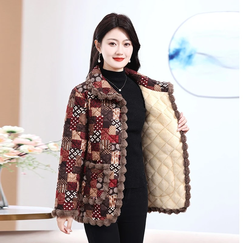 Winter Thicken Parker Coat Fashion Printi Mother Wear Warm Quilted Velvet Jacket Middle-aged Women's Cotton Outwear Parka