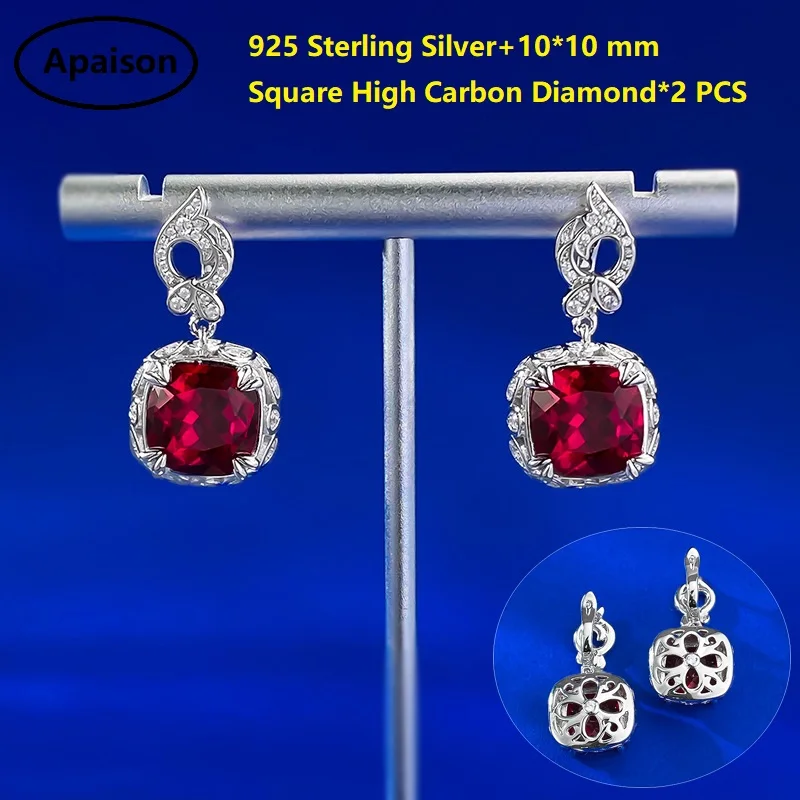 

Apaison 10*10 mm Square Red High Carbon Diamond Women Drop Earrings 925 Sterling Silver Piercing Ear Earrings Jewelry Gift