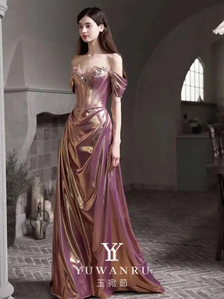 Nieuwe Paarse Avondjurk Geavanceerd Gevoel Licht Luxe Banket Party Worden Verloofd Toast Pak Rok Vrouwelijke Vrouwen Off Schouder