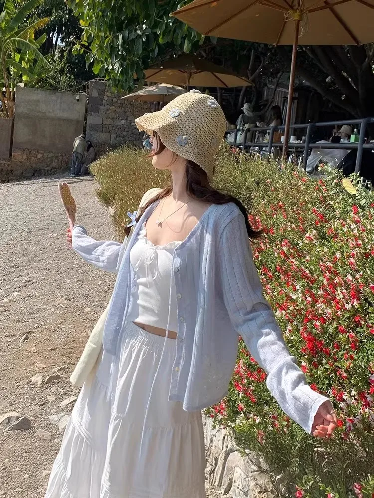 

Blue Ice Silk Knitted Cardigan Women's Thin Summer Outerwear with Strap UV Protection Coat Top Soft Long Sve Sweet Sle