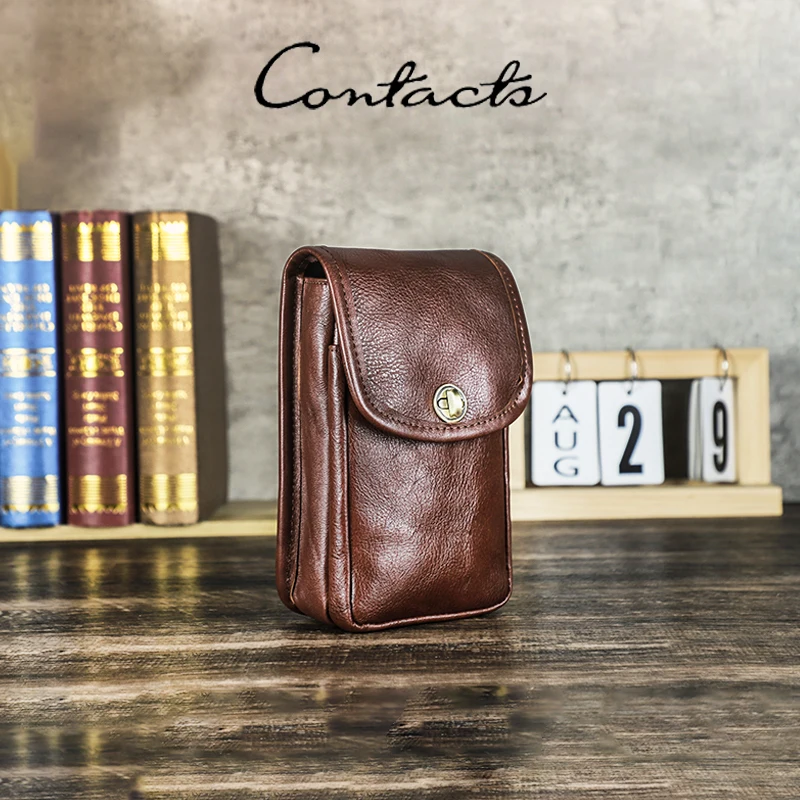 CONTACTS Full Grain Leather Men's Phone Belt Bag Easy Carry Bag Fashion Male Travel Sport Waist Wallets  Light Weight