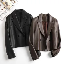 Genuine Leather Jacket for Women Spring Autumn Fashion Suit Collar Two Buttons Short Loose Sheepskin Jaqueta De Couro Feminina
