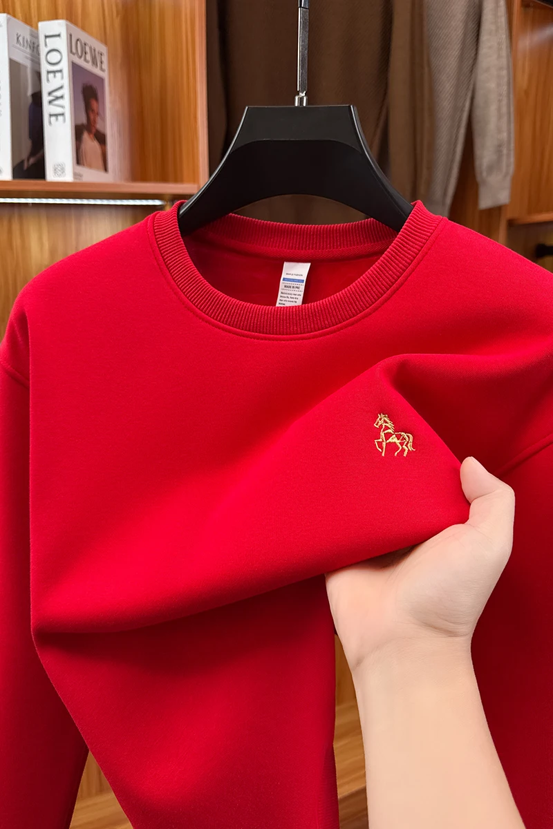 

Осенне-зимняя новая хлопковая футболка с круглым вырезом для мужчин, красный лоскутный свитер на год зодиака с подкладкой и майкой с вышивкой