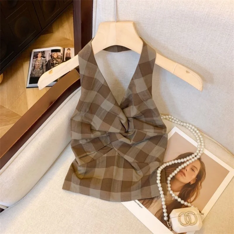 Retro Hot Girl Plaid Twist Halter Neck Slimming Backless Tank Top for Women, New Summer Outerwear