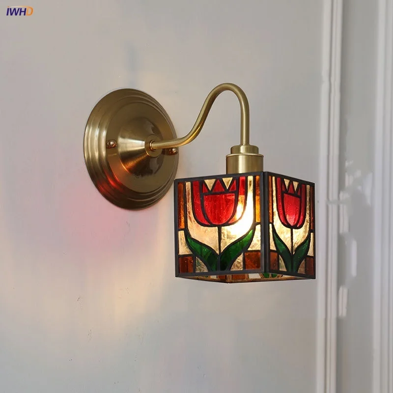 

IWHD Colorful Cube LED Wall Lamp Sconce Reading Living Dining Room Copper Glass Retro Vintage E27 Bathroom Vanity Mirror Light