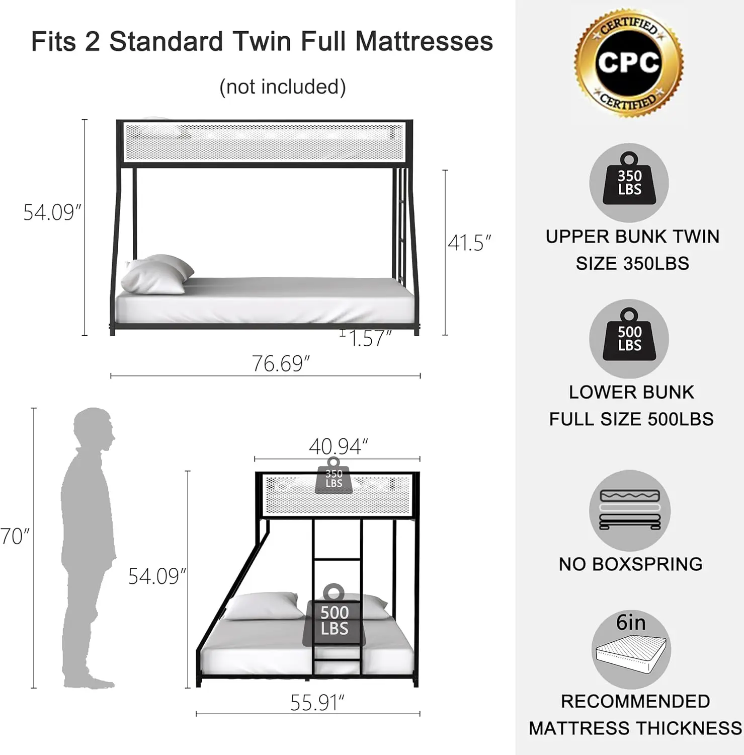 Beliche de metal para quarto infantil, Twin Over, Full - Lifesky Bunkbed Frame, perfil baixo para crianças, quarto de hóspedes, 6 Plus