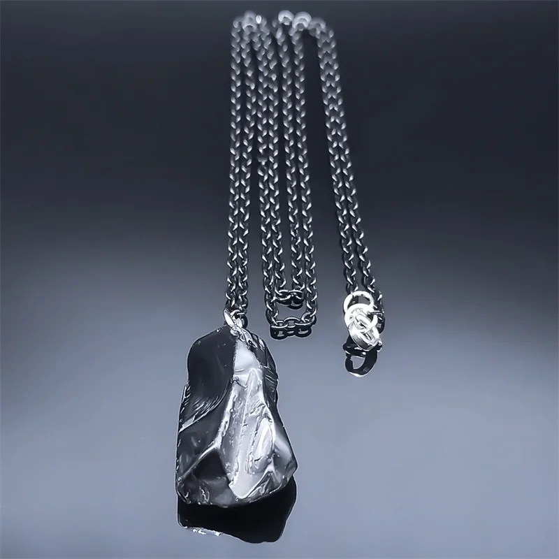 Black Obsidian Irregular Natural Stone Necklace Boho Stainless Steel Black Sweater Chain Fashion Necklaces Lucky Jewelry NDD16