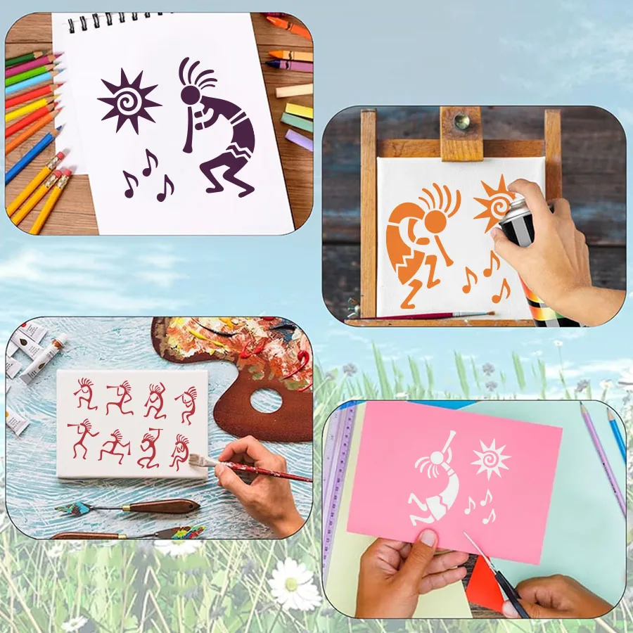 그림용 A4 및 6인치 Kokopelli 스텐실 1세트 - 벽 목재 셔츠 가방 DIY 장식용 부족 스타일 템플릿