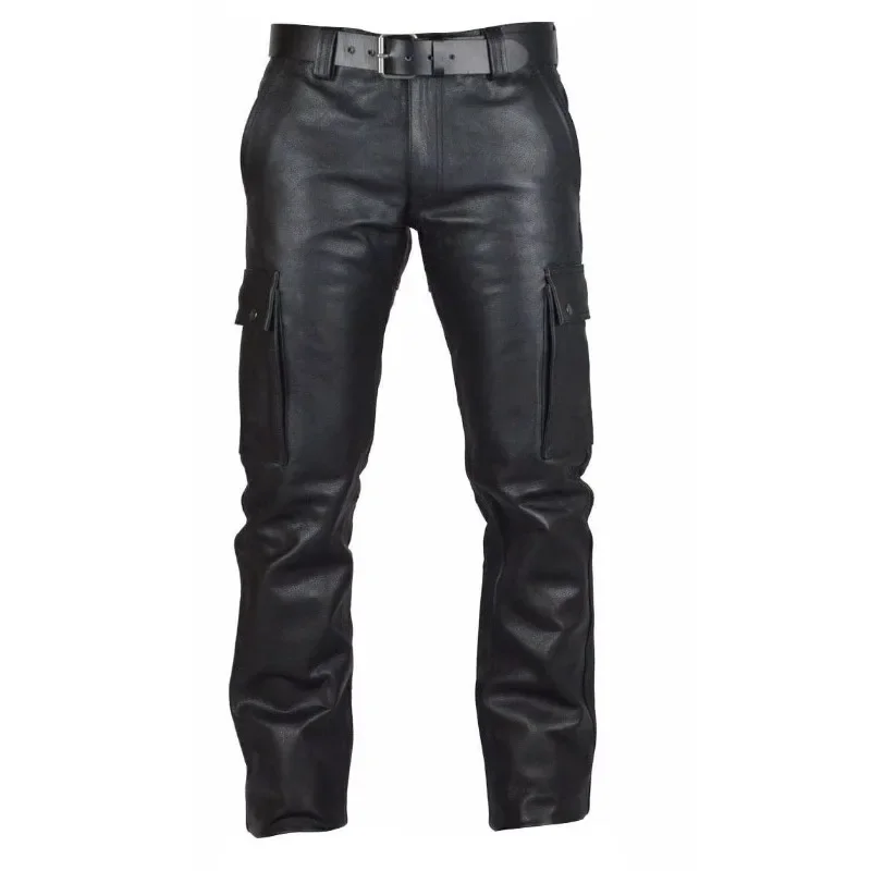 

Side Pockets Casual Pants Black High Waist Men Solid Color PU Leather Full Length Trousers Pants