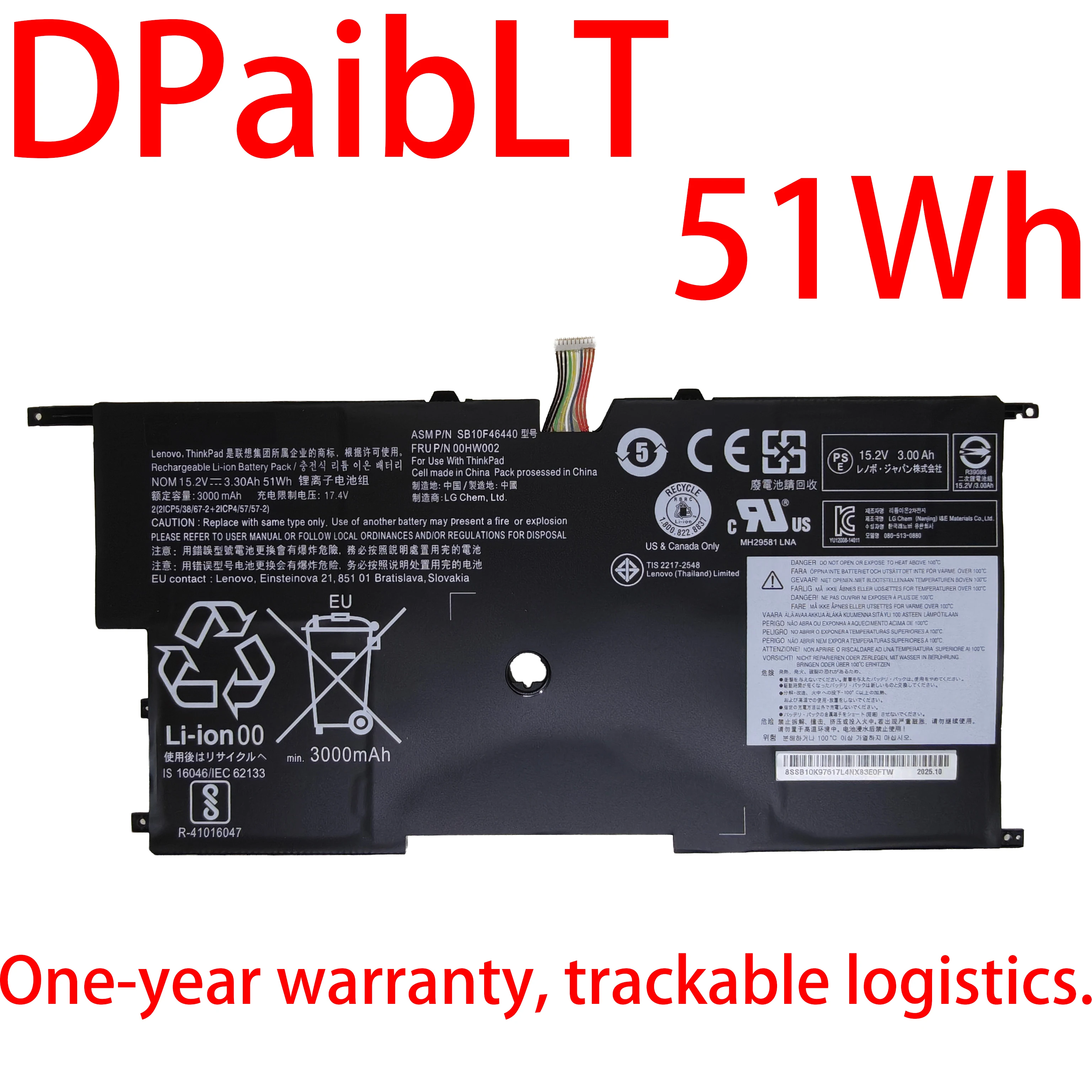 

DPaibLT NEW 51Wh 15.2V SB10F46440 45N1701 00HW002 LAPTOP BATTERY For Lenovo ThinkPad X1 Carbon Gen 3 Series Ultrabook 2015