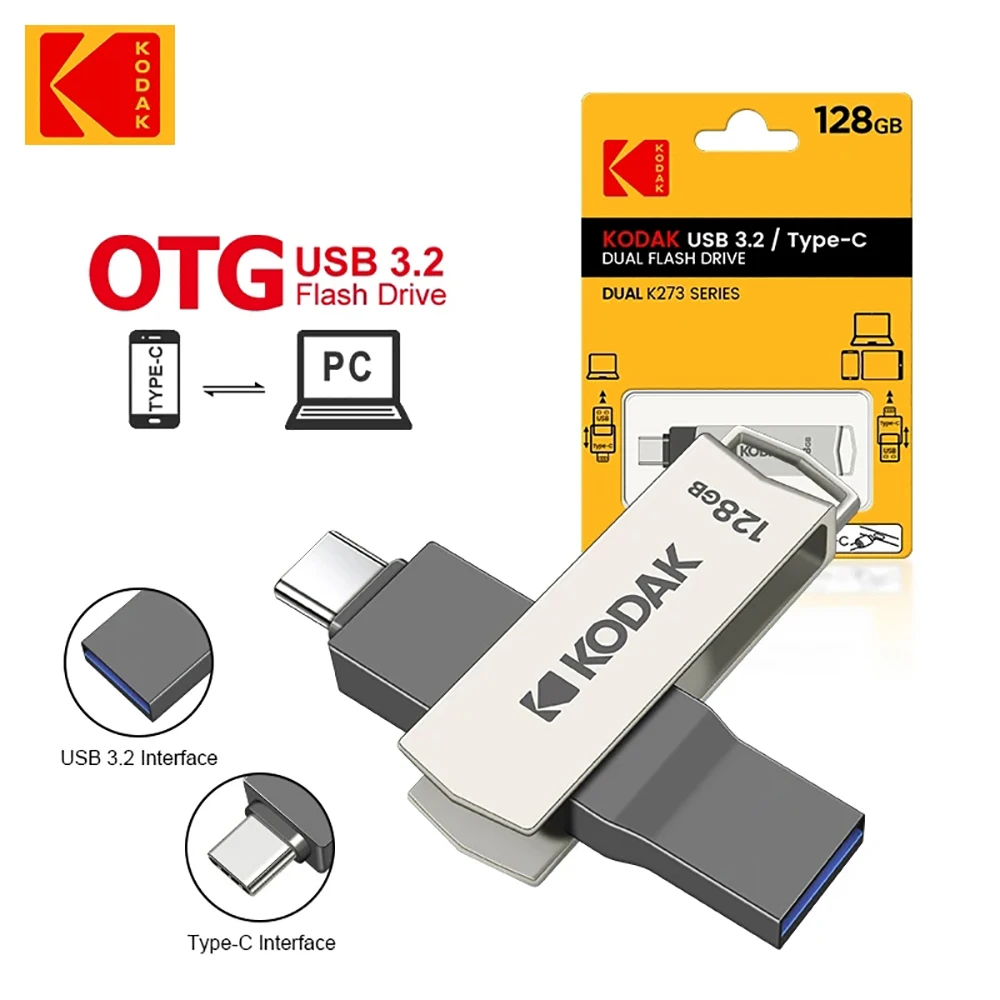 Kodak 2in1 Metal USB Flash Drives 256GB USB3.2 Pendrive Type-C USB 3.2 High Speed Dual Memory stick 256GB Pen Drive For Phone