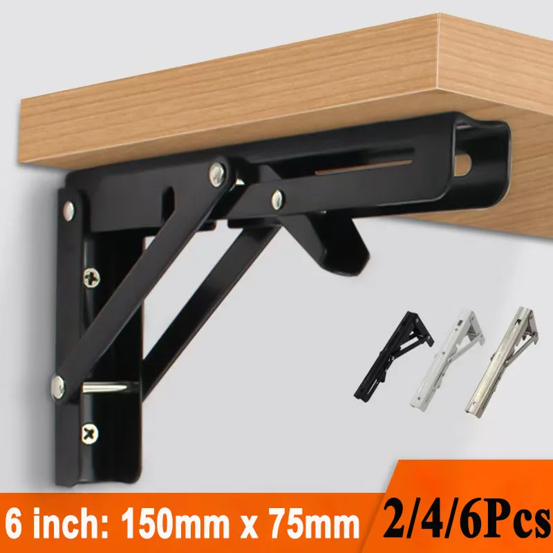 

6 Inch Folding Shelf Brackets Black White Stainless Steel 2/4/6PCS Collapsible Brackets for Table Bench Space Saving Design