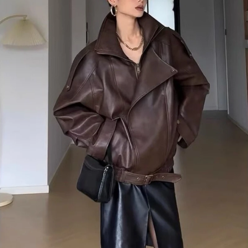 معاطف نسائية من جلد البولي يوريثان الصناعي سترات بحزام وسحاب متين وياقة مقلوبة وأكمام طويلة ملابس خروج غير رسمية فضفاضة لربيع وخريف 2025 #2