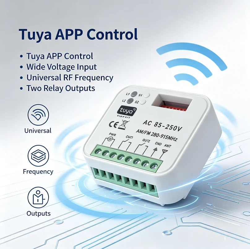 Smart Life Alexa Google Home 433-900MHz Tuya WiFi or RF Control Switch AC/DC 9-30V 2CH Garage Smart Home Receiver