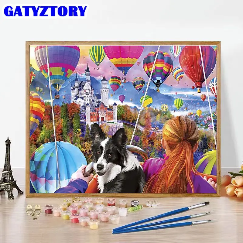 

GATYZTORY Pictures By Number Girl And Dog Handpainted Drawing Paint Canvas Oil Painting Hot Air Balloon Scenery Kits Home Decor