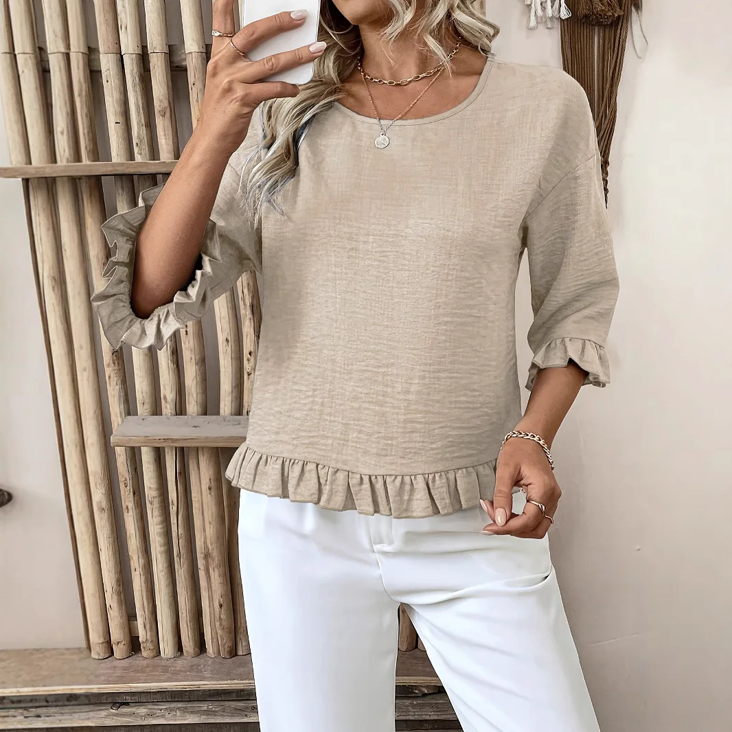 

Loose Fit Shirt Women's Summer Casual Ruffle Pleats Cotton Linen Solid Color Blouse Outdoor Tee Shirt Plus Size Tops Streetwear