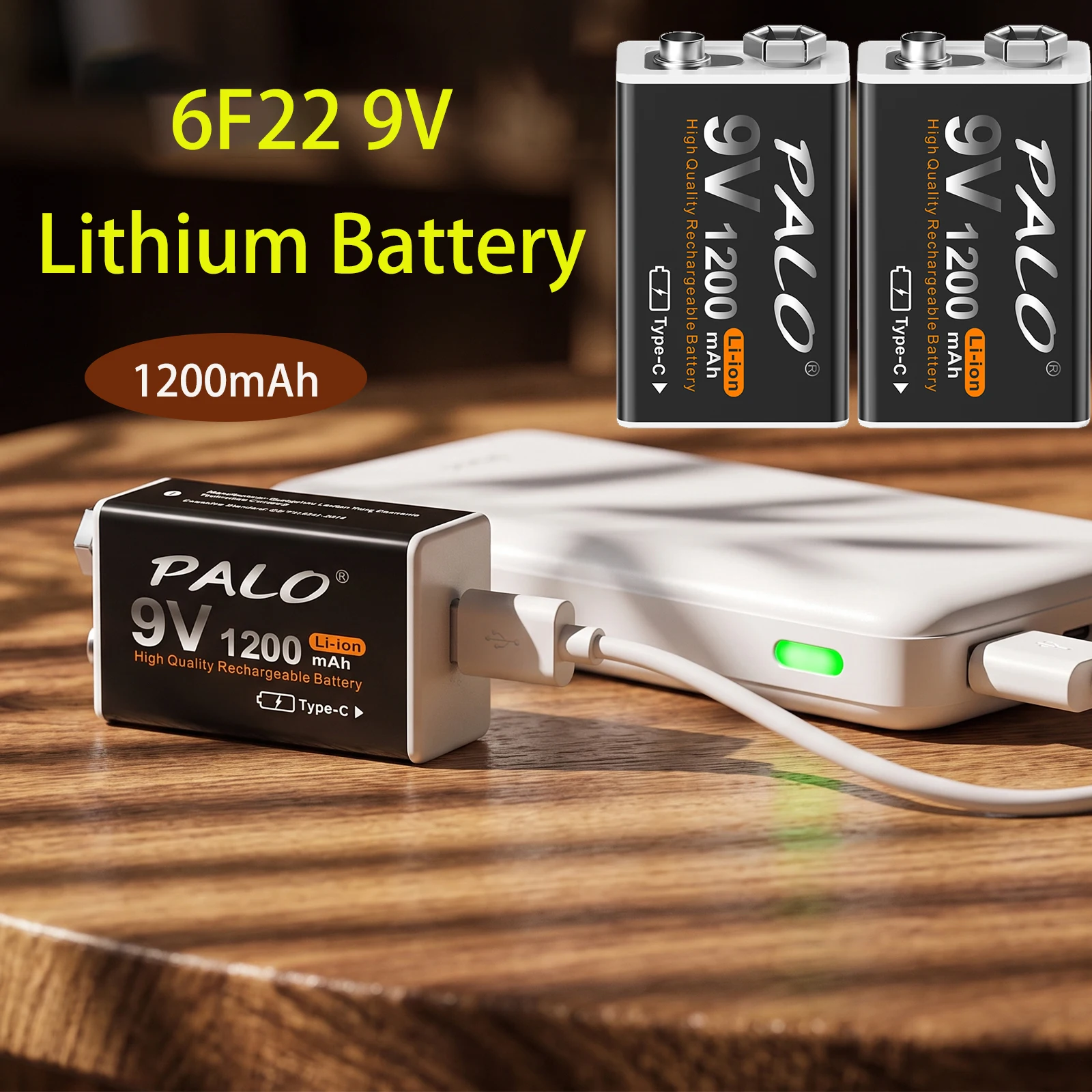 Bateria recarregável do lítio 6f22 9v de carregamento de usb da bateria do li-íon de palo 1200mah 9v para baterias quadradas do microfone do detector de metais