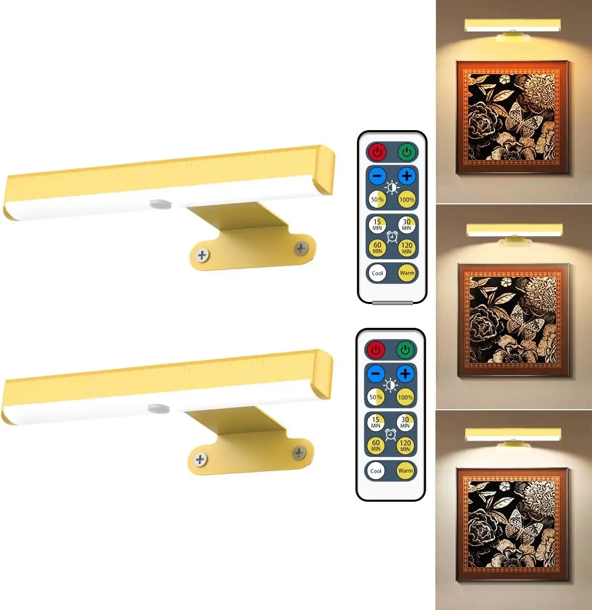 

2Pack Wireless Picture Light with Remote,Battery Operated Wall Sconces for Wall Decor,3 Color Timer&Dimmable Paintings Light LED Art Display Lamp Picture Frame Light for Artwork Posters Gallery-Gold