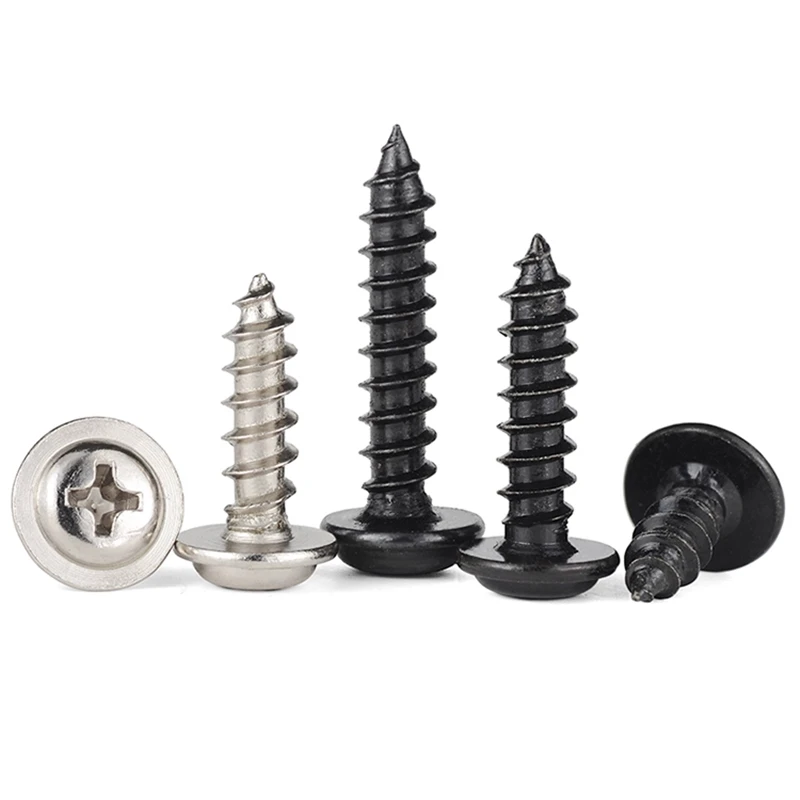Nickel-plated black carbon steel cross round head self-tapping screws with pads (M1.2 to M4) – wood screws.