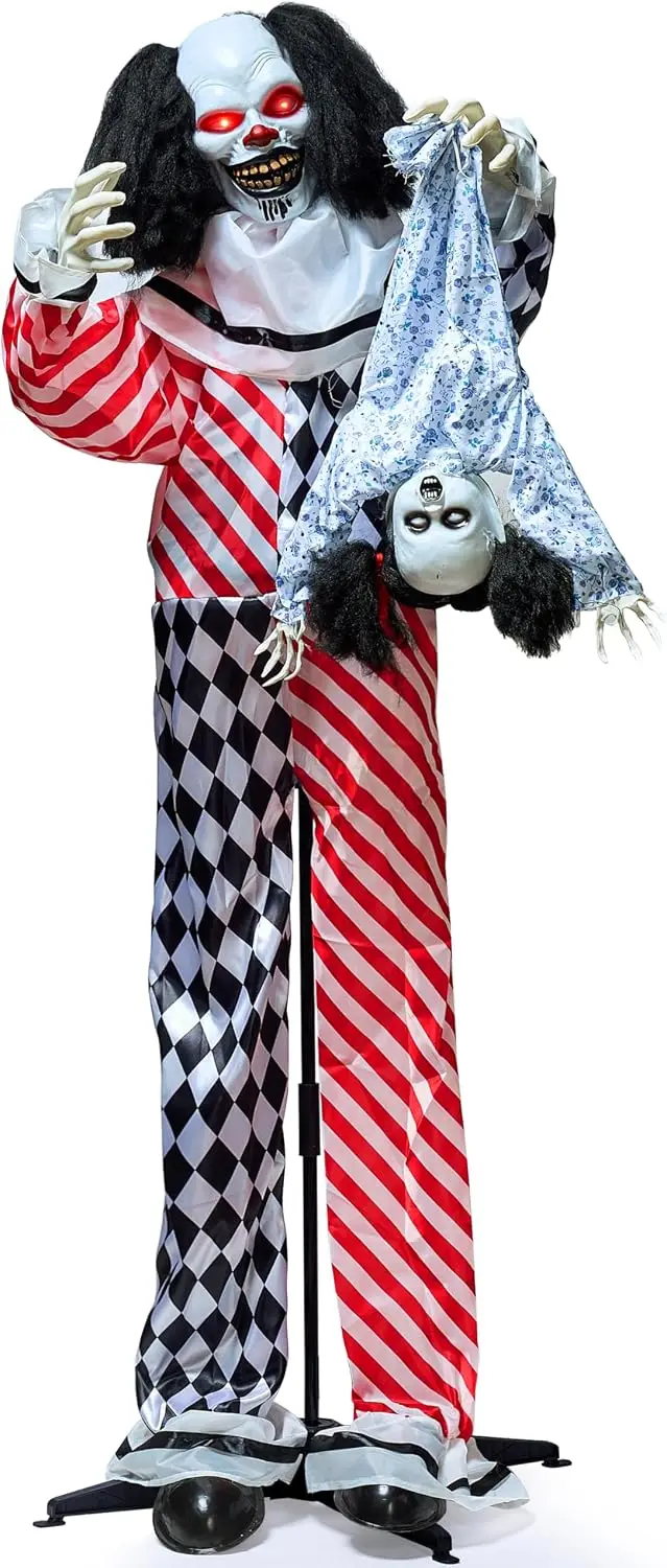 Halloween Animatronic Clown Holding Doll, Life Size Outdoor Animated Decoration with Motion, Sound & Light, IR Sensor Activated Prop for Haunted House, Party Supplies, Yard, Lawn