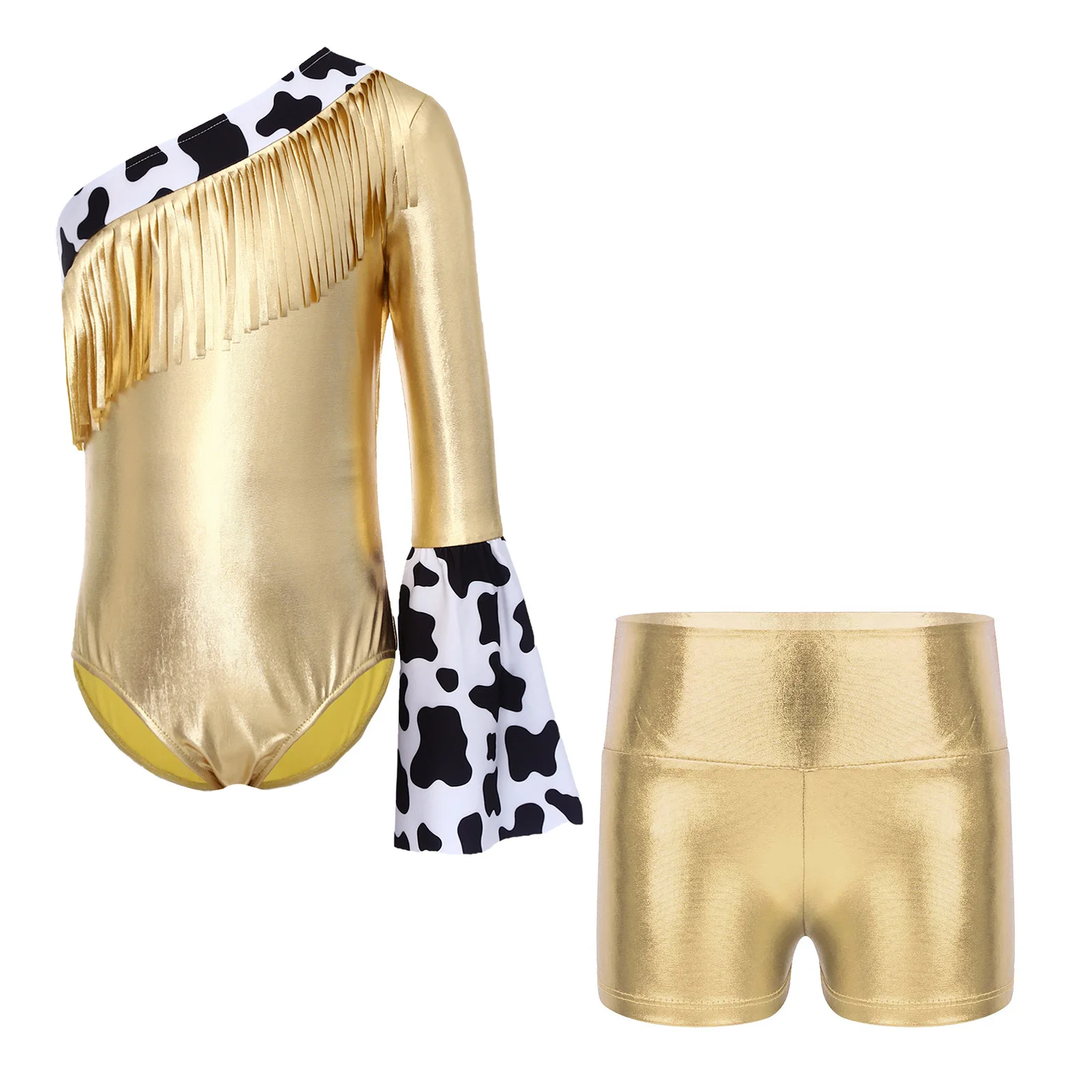Girls Western Cowgirl Dress Up Costume Jumpsuit Long Flare Sleeve Fringed Leotard with Shorts Halloween Carnival Cosplay Costume
