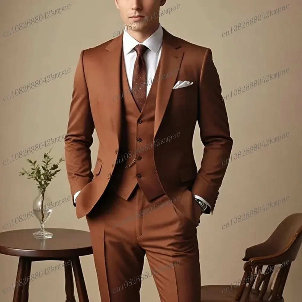 

New Brown Formal Occasion Business Men Suit Groom Groomsman Wedding Party Prom Male Tuxedos 3 Piece Set Blazer Vest Pants C01