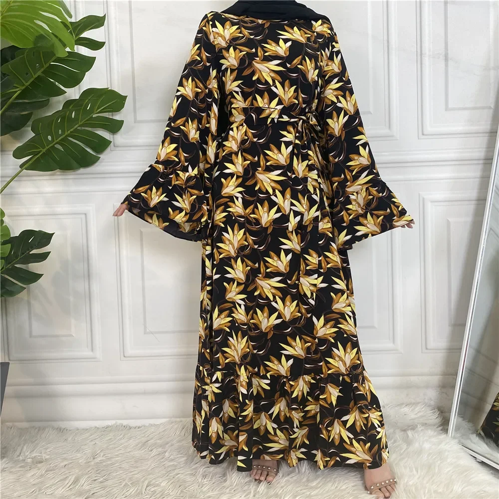 Print Swing Long Dress Muslim Dubai Abaya with Sashes Islam Clothing Dresses for Women Clothes for Muslim Women Long Dresses